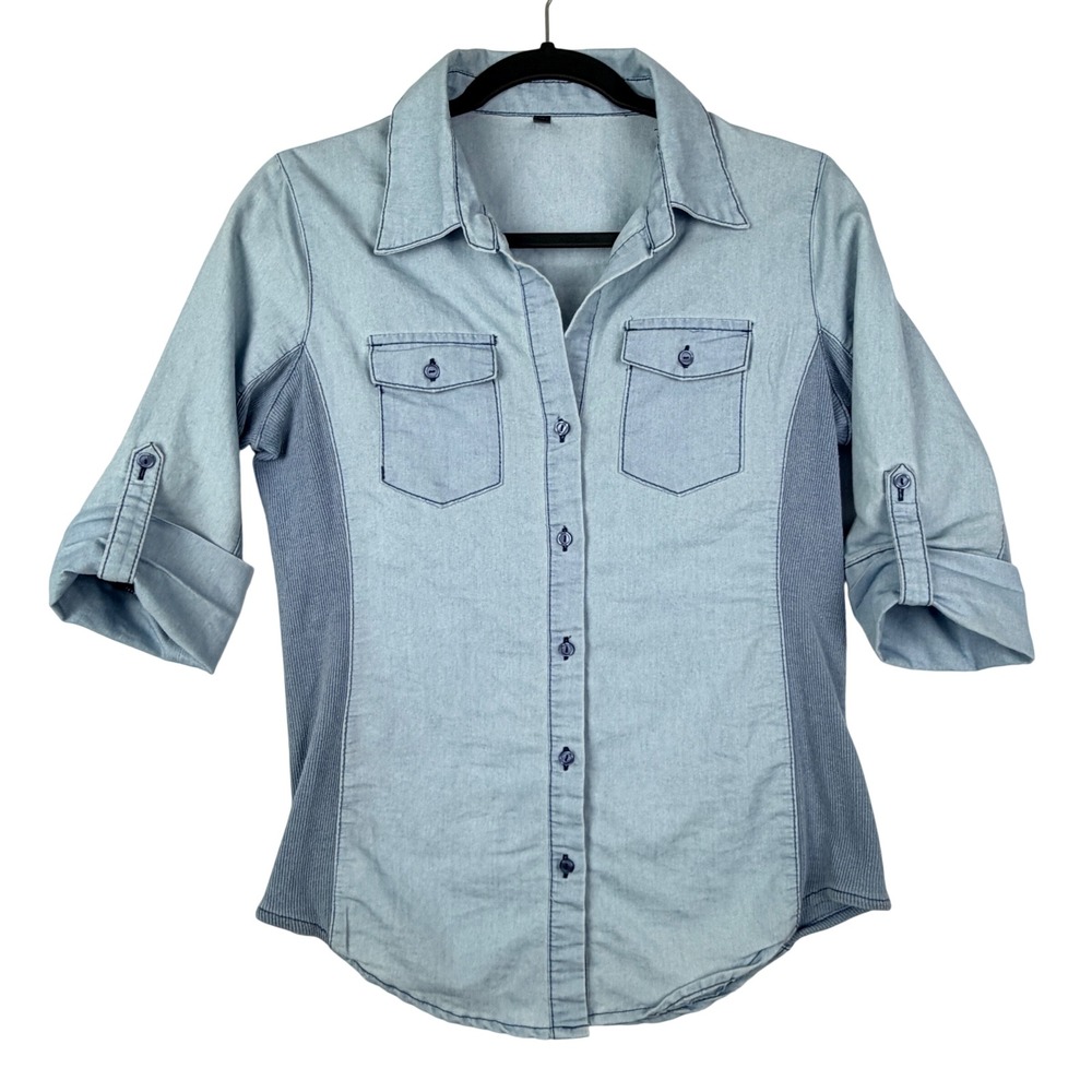 Lapis Women Medium Light Wash Blue Chambray Roll Tab Sleeve Button Shirt Western
